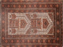 1106.  Alfombra paquistaní en lana de decoración geométrica de campo marrón y blanco.