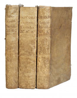 882.  Las Siete Partidas. Gregorio López. Las Siete Partidas del Sabio Rey don Alonso el Nono nuevamente glosadas por el Licenciado Gregorio López del Consejo Real de Indias de su Magestad. Salamanca, Andrea de Portonaris, 1555. Primera edición.