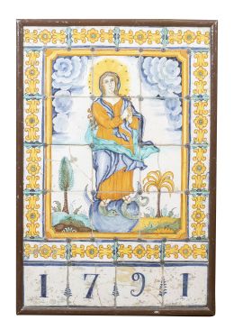 504.  Inmaculada Concepción.Panel de 32 azulejos Carlos IV de cerámica esmaltada en ocre, azul y verde.Trabajo catalán, fechado en 1791.