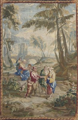 1108.  "La buenaventura".Tapiz flamenco en lana y seda según diseño de Teniers.Taller de Urbanus (1674-1747) y Daniel II Leyniers (1669-1725).Bruselas, S. XVIII.