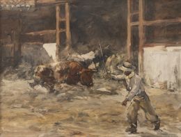 848.  ROBERTO DOMINGO FALLOLA (París, 1883-Madrid, 1956)Vaquero en los corrales de El Batán con dos toros, berrendo en negro y berrendo en colorao