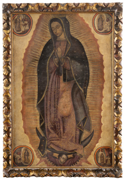 825.  ESCUELA MEXICANA, SIGLO XVIIIVirgen de Guadalupe con las apariciones de Juan Diego