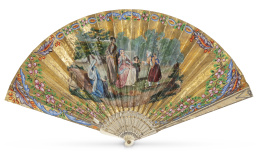 546.  Abanico con país de papel grabado, iluminado, pintado y dorado con escena al aire libre y flores en el reverso; varillaje y padrones de hueso calado y dorado, clavillo metálico.h. 1820-1823.