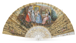 1256.  Abanico con país de papel grabado, litografiado, dorado y pintado con escenas galante; varillaje de decoración recortada con aplicaciones en dorado.h. 1840.