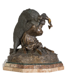 675.  Lucha con un oso. Grupo escultórico de bronce, sobre peana de diferentes mármoles.  Fundidor Woerffel, según modelos de Nikolai Ivanovich Lieberich (1828-1883)San Petesburgo, Rusia, ff. del S. XIX.