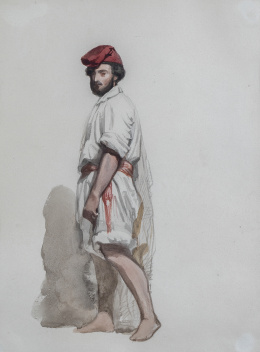 842.  FEDERICO DE MADRAZO Y KUNTZ  (Roma, 1815 - Madrid, 1894)Estudio de traje regional italiano: joven napolitano vestido de blanco con gorro y banda en rojo Roma, h. 1839- 1842