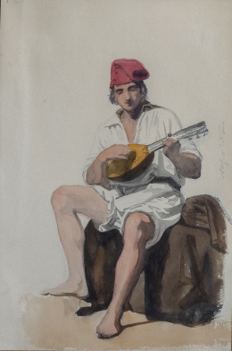 849.  FEDERICO DE MADRAZO Y KUNTZ  (Roma, 1815 - Madrid, 1894)Estudio de trajes regionales italianos: mujer con cántaro y hombre tocando la bandurriaRoma, h. 1839- 1842