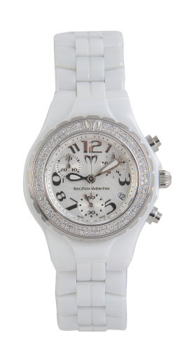 427.  Reloj TECHNOMARINE Cruise cronógrafo, redondo de acero y cerámica blanca con brillantes. Referencia 03674