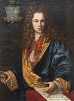 756.  JOSÉ RODRÍGUEZ DE LA OLIVA (La Laguna, 1695- 1777)Retrato de Don Esteban de Porlier con su escudo de armas, y miniatura de dama sobre su mano derechah. 1723-1728