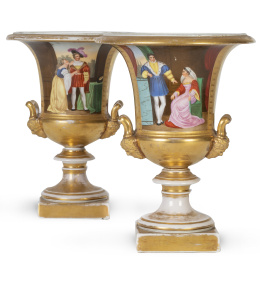1172.  Pareja de ánforas de porcelana esmaltada y doradas a fuego, con cartelas decorativas.París, 1840.