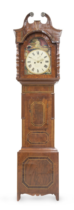 1161.  Reloj de caja alta de época victoriana de madera de caba y palma de caoba, con esfera pintada. Firmado en la esfera (ilegible).Inglaterra, h. 1845.