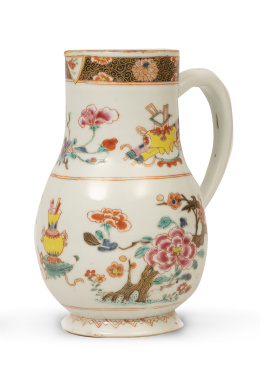 1193.  Jarra de porcelana esmaltada, con esmaltes de la familia rosa de Compañía de Indias.China, dinastía Qing, S. XVIII.