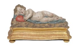 1264.  Atribuido a Nicolás Salzillo (1672-1727)."Alma dormida".Niño Jesús en madera tallada, policromada y dorada.España, h. 1727.