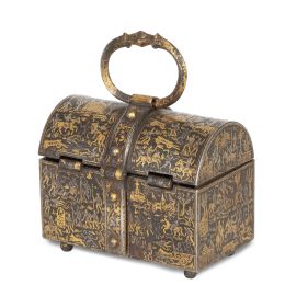1093.  Caja de caudales de hierro y acero con trabajo de damasquinado en oro y plata.Taller de Diego de Çaias, Francia?, S. XVI.