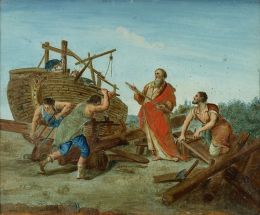 791.  ESCUELA ITALIANA, FF. SIGLO XVIIIPasaje de la historia de Noé: La construcción del arca, Noé está a la izquierda sosteniendo la regla
