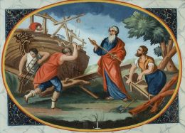 792.  ESCUELA ITALIANA, FF. SIGLO XVIII- PP. SIGLO XIXPasaje de la historia de Noé: La construcción del arca, Noé está a la izquierda sosteniendo la regla.