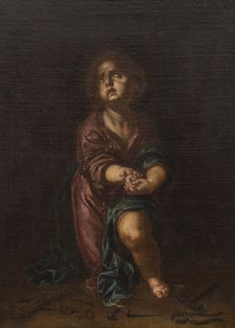 787.  JOSÉ RISUEÑO (Granada, 1665-1732)El Niño de la Espina sobre un paisaje con sus instrumentos de pasión