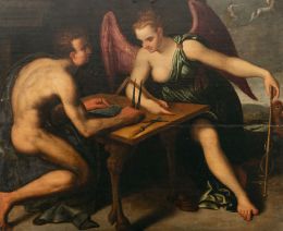 775.  CÍRCULO DE JACOB DE BACKER (c. 1555 - c. 1591) El Juicio de la Razón con Apolo en el carro del sol, tirado por cuatro caballos