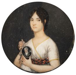 751.  ESCUELA ESPAÑOLA, PRIMER TERCIO DEL SIGLO XIXRetrato de María Eugenia Miñano y Ramírez, portanto una miniatura con el retrato de Antonio Domingo de Porlier y Sáenz de Asteguieta, III Marqués de Bajamarh. 1801