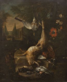 762.  CÍRCULO DE JAN WEENIX (Escuela holandesa, siglo XVII)Naturaleza muerta con liebre, pájaros, pato y flores sobre un paisaje