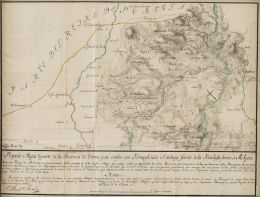 735.  JUAN BAUTISTA FRENCH, 1762Mapa manuscrito de la provincia de Orense y su confirn con Portugal, desde el antiguo fuerte de la bandeja frente a MelgazoOrense, 26 agosto de 1762