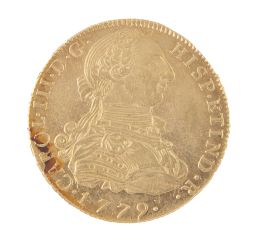 328.  Moneda de 8 escudos de Carlos III 1779 en oro. Bolivia. PR.