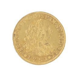 332.  Moneda de 8 escudos de Fernando VI en oro. 1751. Lima. LM