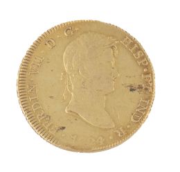 326.  Moneda de 8 escudos de Fernando VII 1824 en oro. Cuzco. G.