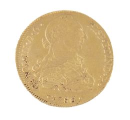 335.   Moneda de 8 escudos de Carlos III en oro. 1786. Bolivia. PR