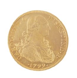 323.  Moneda de 8 Escudos de Carlos IV en oro. 1799. México. FM.