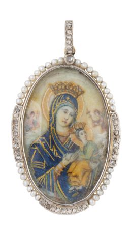 61.  Medalla colgante Art-Decó con miniatura de Virgen con Niño, enmarcada con piedras finas y diamantes