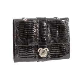 354.  Bolso vintage de piel de cocodrilo con cadena en metal tipo clutch, color negro brilante