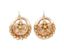 14.  Pendientes victorianos S. XIX circulares con estrella central y decoración de perlas finas en la base