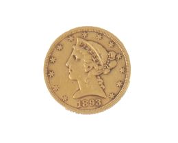 340.  Moneda 5 dólares USA en oro 1893. Cabeza Liberty y águila