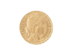 343.  Moneda de 20 francos de la República francesa en oro. 1908