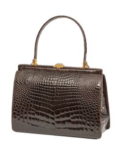 458.  Bolso vintage de piel de cocodrilo marrón oscuro con un asa