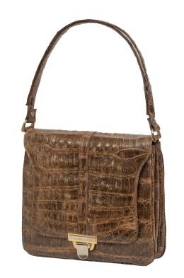 451.  Bolso vintage de piel de cocodrilo marrón con asas extensib