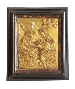 1122.  La Virgen con el niño y Santa Ana.Placa en bronce dorado.Italia, S. XVI.