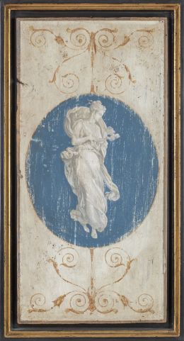 1130.  Tabla de madera pintada con una musa, siguiendo a Antonio Canova.Italia, S. XIX.