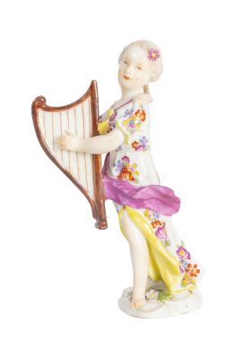 627.  Niña con arpa. Sin marcas.Porcelana esmaltada.Quizás Meissen, S. XVIII.