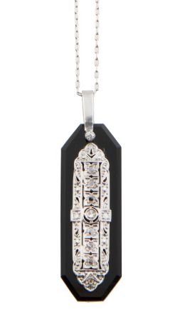 108.  Pendentif Art-Decó de ónix y diamantes, con placa de diseño