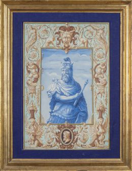 1043.  Placa de cerámica esmaltada en azul y ocre con personaje de estilo renacentista. Italia, h. 1900.