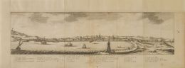 751.  JUAN ÁLVAREZ DE COLMENAR y PIETER VAN DER AA (1659-1733)Vista de Barcelona capital de la provindia de Cataluña"Le profil de la Ville et cite de Barcelonne, Capitale de la Province de Catalogne"