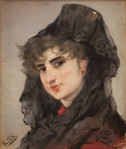 828.  JOSÉ NIN Y TUDÓ (El Vendrell, Tarragona, 1840-Madrid, 1908)Retrato de dama con mantilla