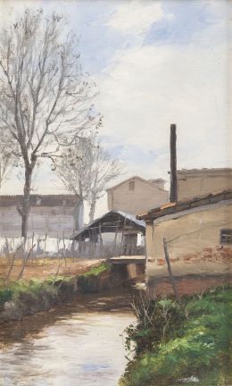 840.  JOSÉ MARÍA SUAY DAGUÉS (Valencia, 1865- Madrid, 1938)Paisaje de pueblo con río