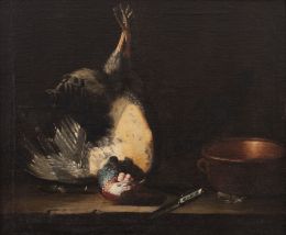 802.  ATRIBUIDO A FRANCISCO BARRERA (c.1595-1658)Bodegón con pavo, cuenco de reflejo metálico, pluma y cuchillo sobre un pedestal de piedrah. 1646- 1647