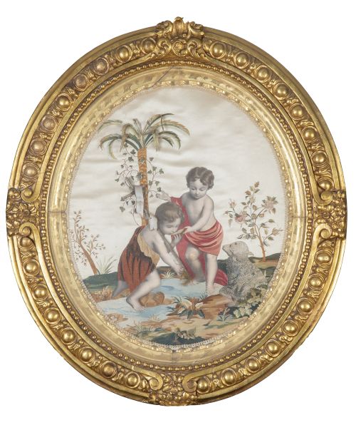 San Juanito y el cordero con el Niño Jesús.Bordado en hil