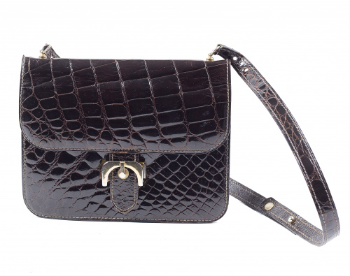 Bolso pequeño con asa larga marrón oscuro en piel de cocodr