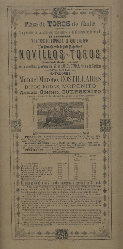 Lote de cinco carteles de toros de las plazas de Cádiz, Marc