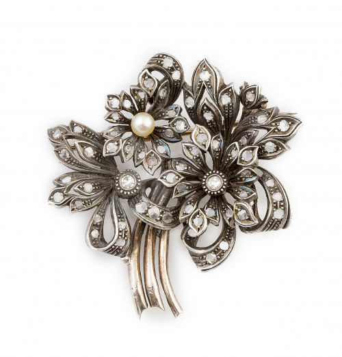 Broche portugués pp. s. XX con ramo de flores de diamantes,